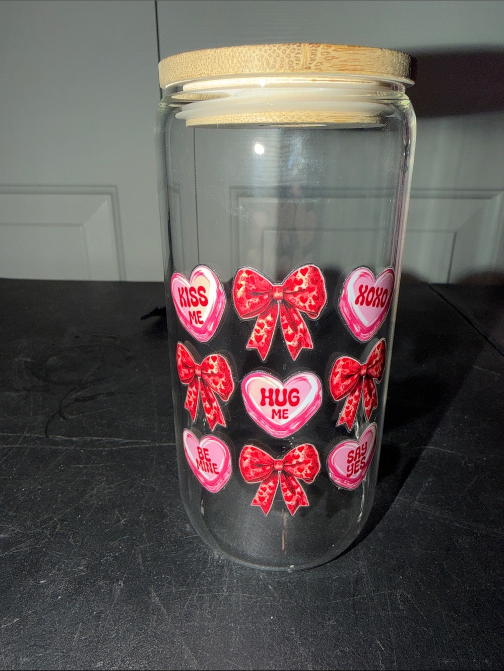 Glass Storage Jar with Pink Valentine Heart & Bow Design